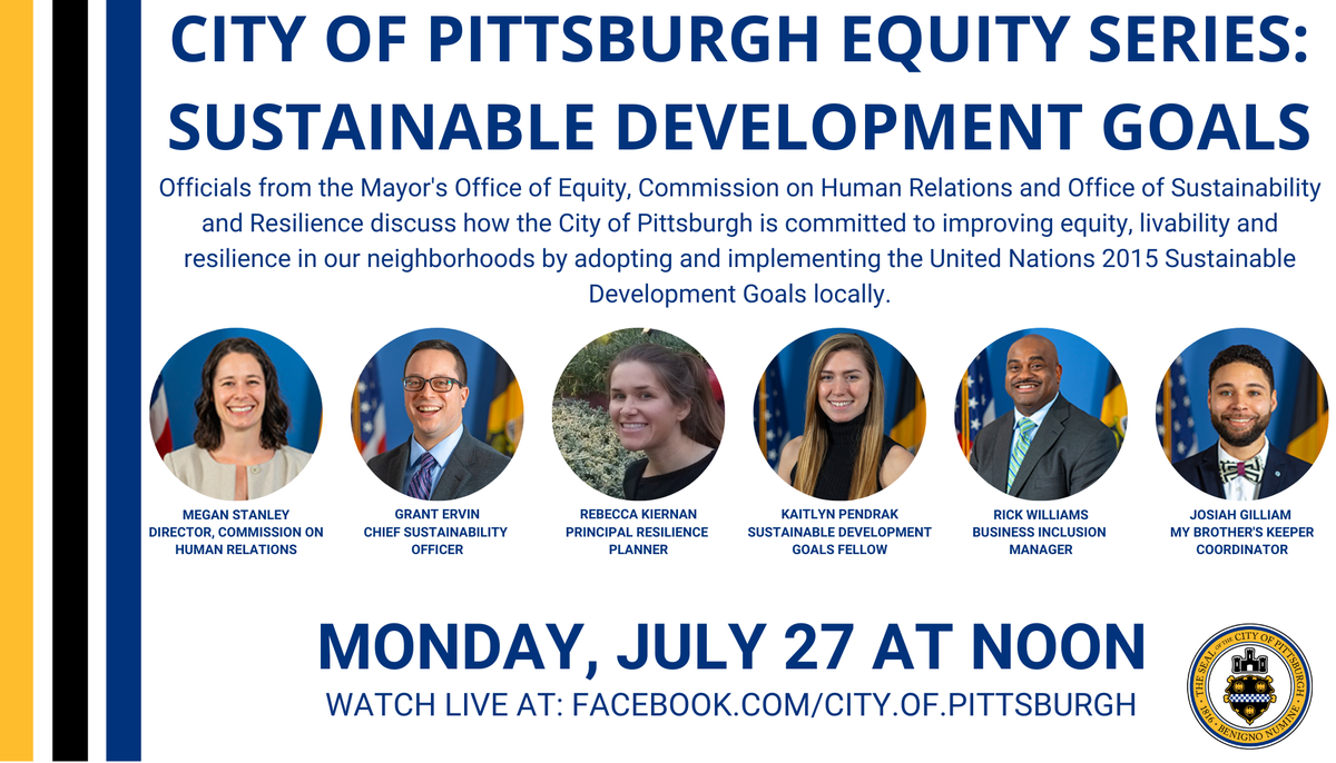 In 2019, Mayor <a href="/billpeduto/">bill peduto</a> committed Pittsburgh to the <a href="/UN/">United Nations</a> #SDGs. Join <a href="/TheNextPGH/">Office of the Mayor</a>'s Office of Equity, <a href="/PghCHR/">Pittsburgh Commission on Human Relations</a> and <a href="/PLANPGH/">Pittsburgh City Planning</a>'s Office of Sustainability &amp; Resilience officials MONDAY 7/27 at Noon to learn how we are implementing them locally. 

Learn more: pittsburghpa.gov/press-releases…