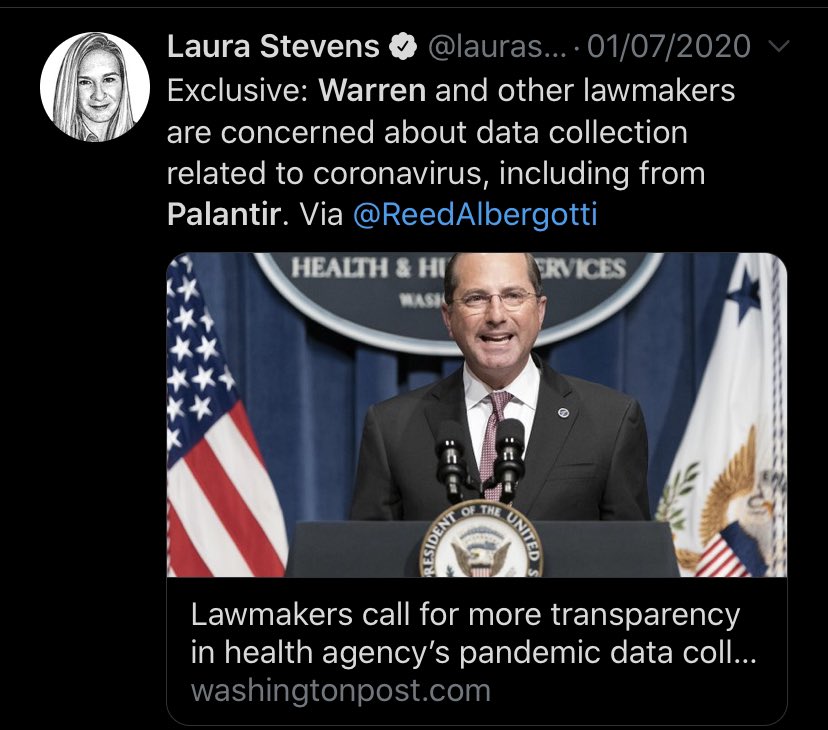 43 - In a letter, more than 30 members of Congress, including  @ewarren &  @JulianCastro, called for greater transparency on how Palantir will use HHS data & guarantees that it will be kept anonymised. In 2017/18 Palantir’s data helped aid ICE deportations. https://www.washingtonpost.com/technology/2020/07/01/warren-hhs-data-collection/