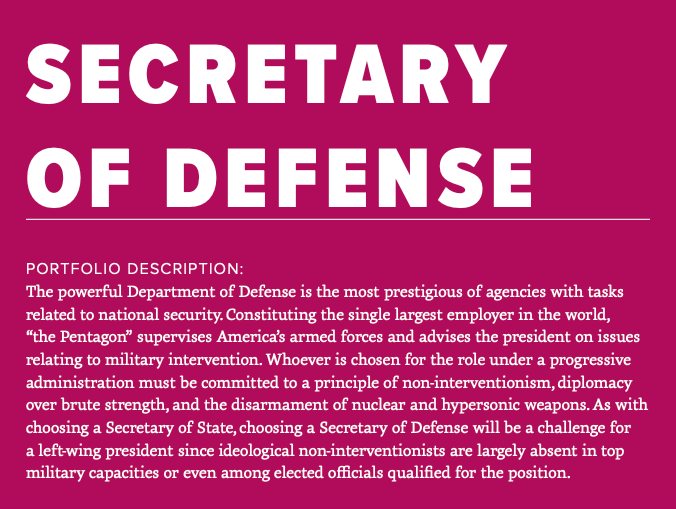 We've seen the same dynamic play out at the Pentagon. Progressives should not cede defense policy to either the conservative Right or moderate liberals and should take the prospect of staffing the Department of Defense seriously.