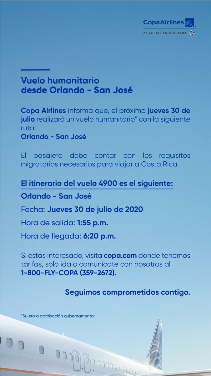 CopaAirlines's tweet photo. IMPORTANTE: Información sobre próximos vuelos humanitarios hacia San José. Pasajeros interesados, favor contactarnos a nuestro Centro de Reservaciones o visitar https://t.co/ZgRFo8MWkq. https://t.co/xJsUICRuW3