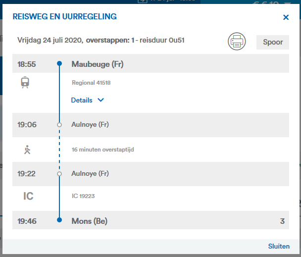 Surprise! At NMBS International I get quoted a cheaper fare, €6,1 -26 and €8 26+. And even more interesting: it routes me from Maubeuge back to Aulnoye-Aymeries before going to Mons using the same train as the previous tickets. Of course, you can just skip the first train...