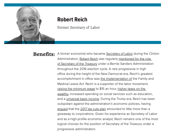 Data for Progress recommends that former Deputy Secretary of the Treasury and leading progressive  @SBloomRaskin, former Secretary of Labor  @RBReich, former CFPB Director  @RichCordray, and economist and former UN advisor  @JeffDSachs be considered for Secretary of the Treasury.