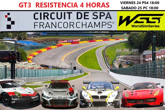 Buenas tardes
Con motivo de los nuevos confinamientos por #COVID19 he creado un evento de Resistencia #GT3 en #Spa 4h a elegir #AudiR8, #BmwZ4, #Ferrari488 y #Porsche GT3 2016.
.
VIERNES 24 A LAS 18:00 EN #PS4 SESIÓN DE PRACTICA PUBLICA Y GRUPO DE AUDIO ABIERTO
.
#AssettoCorsa