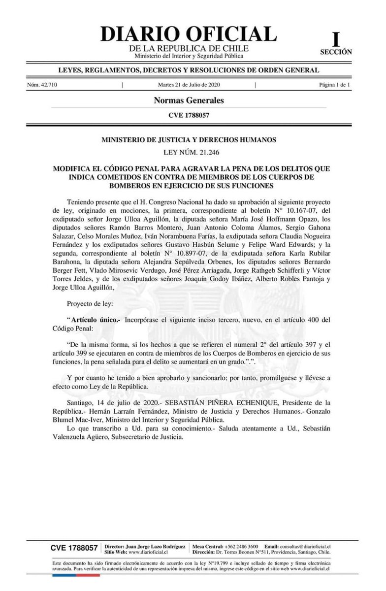Este martes se público la modificación la cual agrava la pena a la agresión a Bomberos en actos de servicios.... #Nomasagresionesabomberos