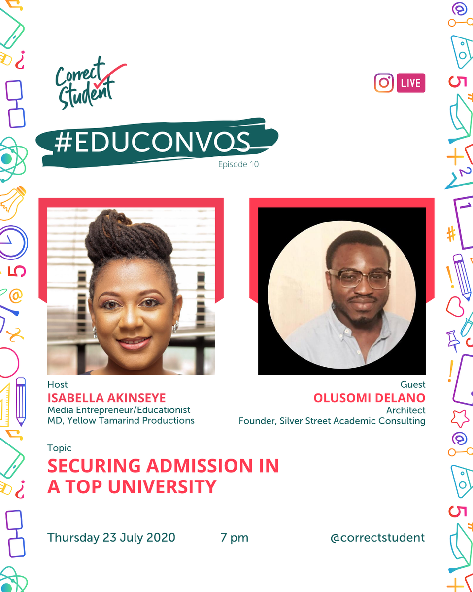 IsabellaAdediji's tweet photo. I'll be discussing securing admission in a top university with Somi Delano, architect &amp; founder of Silver Street Academic Consulting at 7 PM on @correctstudent1 Instagram Live #EduConvos.

#CorrectStudent #AlwaysLearning #InstagramLive #StudyAbroad #Admissions #TopUnis #Cantab https://t.co/1BX4KMjHpa