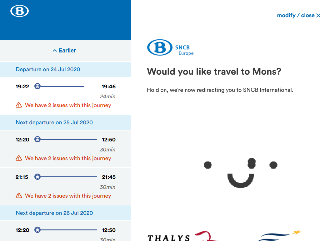 By the way, if you try to buy a ticket for this connection through the national NMBS site, it redirects you to NMBS International. No mention of the cheaper crossborder ticket...