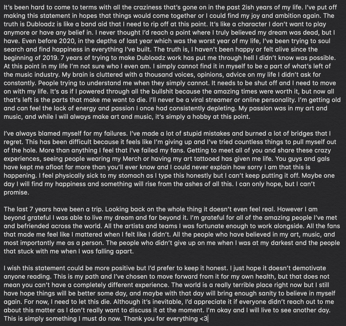 Dubloadz Farewell Statement