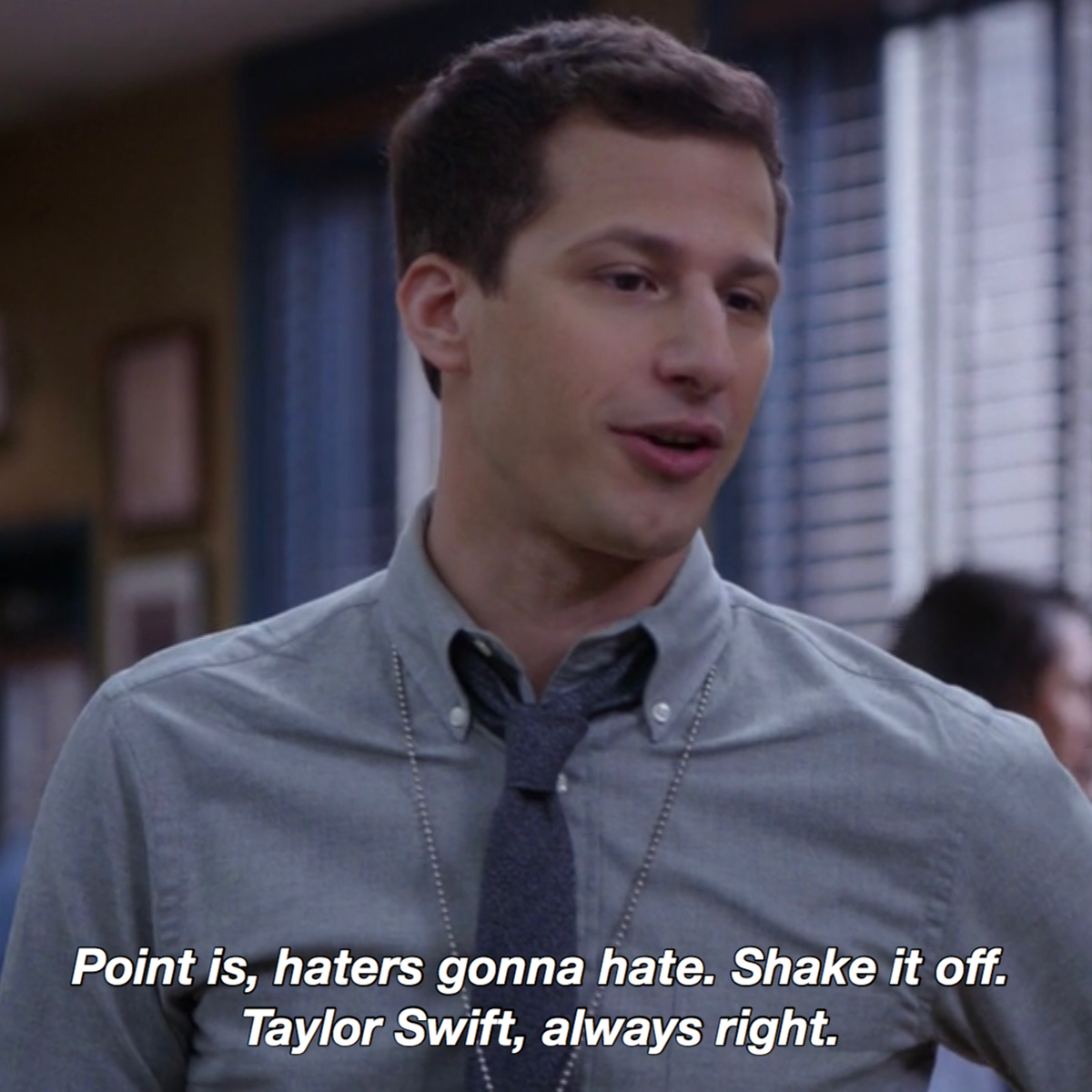 brooklyn99's tweet photo. Jake Peralta, #1 @taylorswift13 fan. https://t.co/nphzKRbNa1