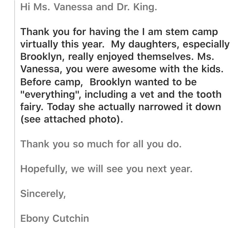 The ultimate disrupter of the Draw-a-Scientist Test is having a parent email you several days after STEM Camp to share an unsolicited drawing from her 5-year old daughter projecting herself as a Black woman scientist #IAMSTEM #BlackinSTEM #transformingthefaceofSTEM #earlyexposure
