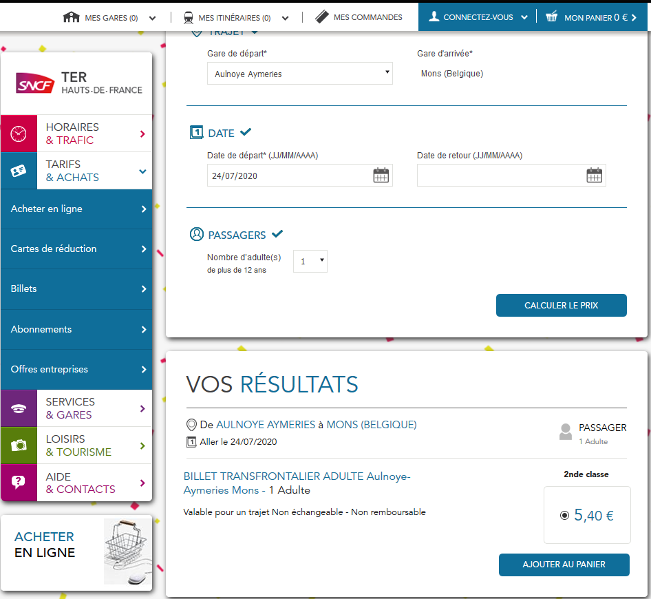 Then I start wondering: if NMBS sells a special ticket type, would SNCF sell this "crossborder" fare as well? I find the answer on the page of the local transport network TER Hauts-de-France: yes they do ("Billet Transfrontalier"), and they do sell it online - for €5,40!