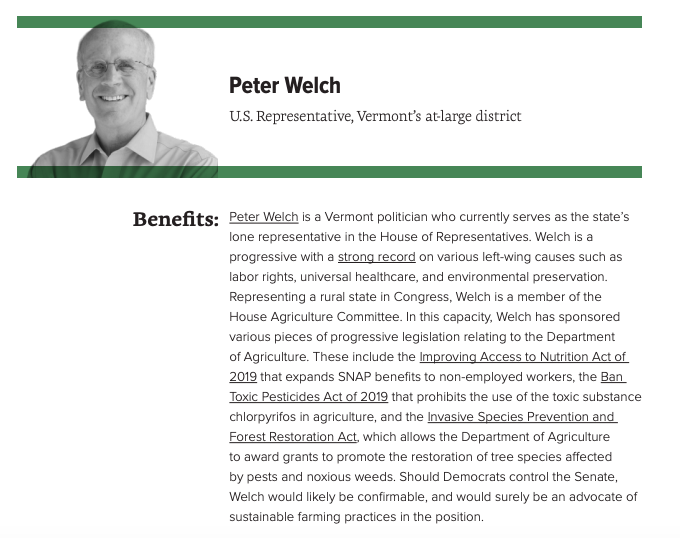 For the position of Secretary of Agriculture, Data for Progress recommends that NBFA founder John W. Boyd, Rep.  @ChelliePingree,  @RepMcGovern, Congressman  @PeterWelch, and Vermont Lieutenant Governor  @DaveZuckermanVT be considered for the position.