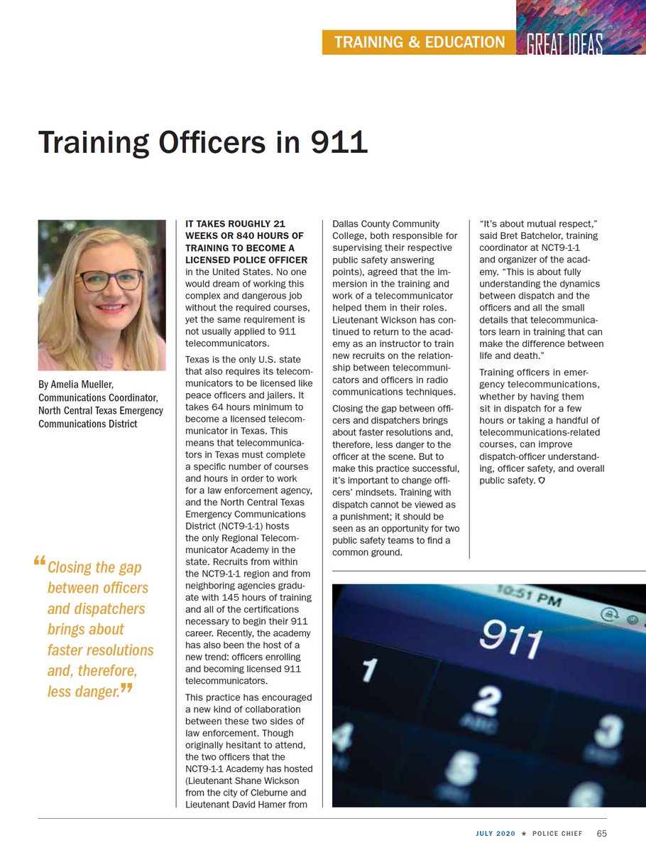 DrHerbAshford's tweet photo. Texas is the only state that requires telecommunicators to be licensed like peace officers &amp; jailers.  Lt. David Hamer of @dallascollegetx Police Dept. Communications is featured in the July @TheIACP mag.  I appreciate Lt. Hamer's leadership &amp; his telecommunicators. @commisshill https://t.co/Qi30o143qk