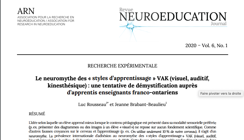 [Veille] [PDF] Le neuromythe des « styles d’apprentissage » VAK (visuel, auditif, kinesthésique) : une tentative de démystification auprès d’apprentis enseignants franco-ontariens (Rousseau et Brabant-Beaulieu/Revue Neuroéducation) <a href="/ANeuroeducation/">ARN</a>

diigo.com/0i4gdd