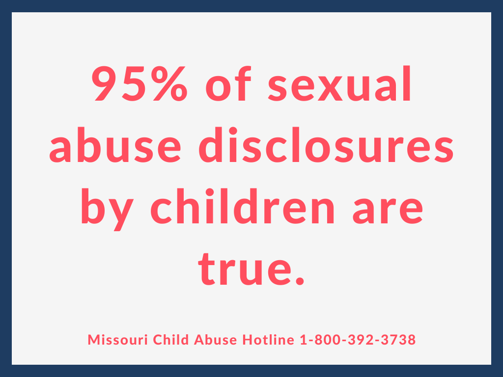 missouri_naca's tweet photo. We believe kids! Did you know a child who has been sexually abused will likely have no physical signs on their penis, vagina, breast and/or bottom. Physical signs are present in only 4% of cases. Source:https://t.co/pC5Tv2nv2R #MOKidsFirst #stopchildabuse https://t.co/gjhrKVzs5h