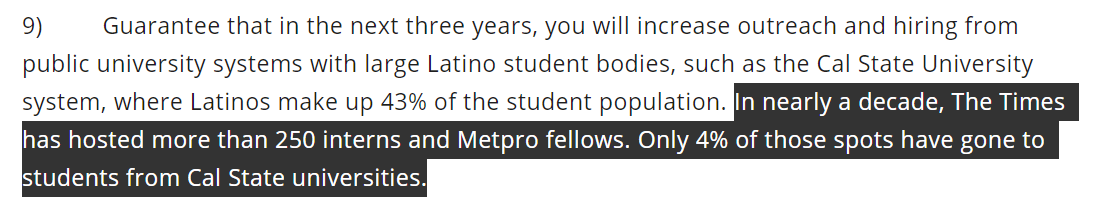 Here's another stat. I'm honestly content this recently came to light:"In nearly a decade, The Times has hosted more than 250 interns and Metpro fellows. Only 4% of those spots have gone to students from Cal State universities." https://latguild.com/news/2020/7/21/latino-caucus-letter