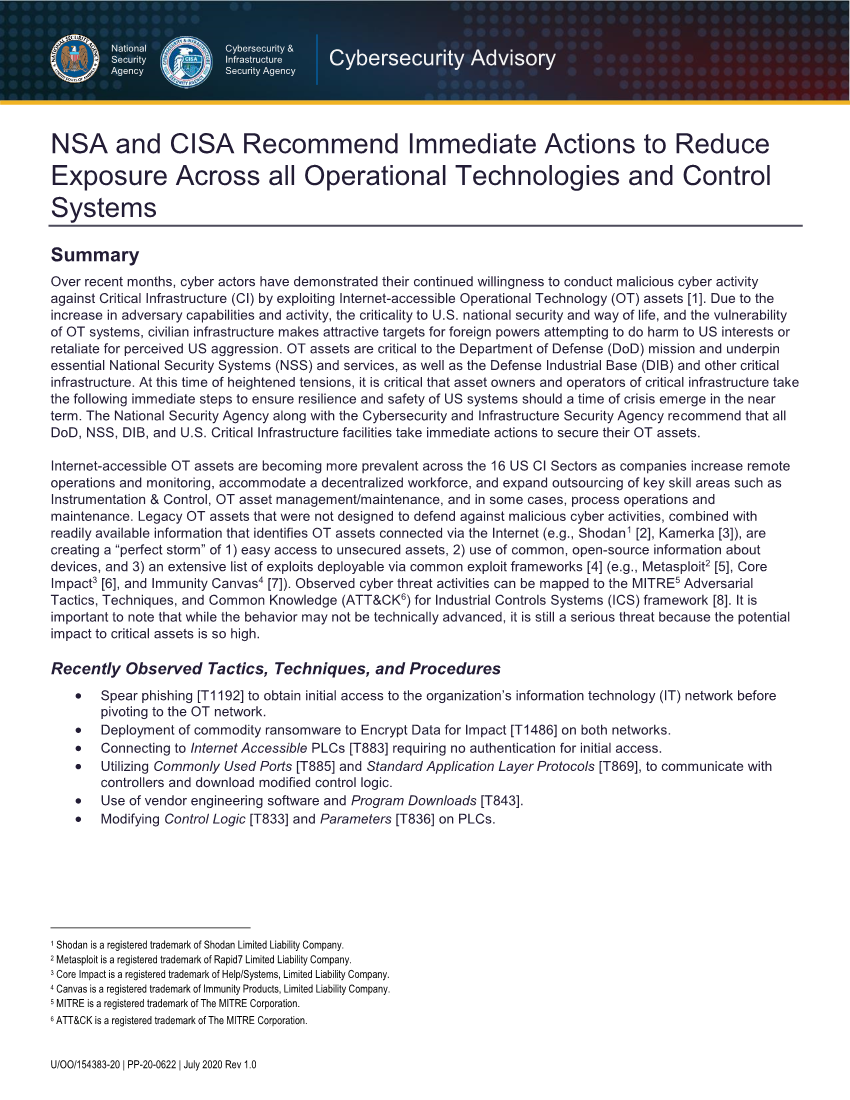 CISAgov's tweet image. We  just released with @NSAcyber a joint advisory concerning cyber attacks against critical infrastructure. We recommend infrastructure owners &amp;amp; operators take immediate action to safeguard their systems: cisa.gov/news/2020/07/2…. #ICS #ICSsecurity #InfoSec