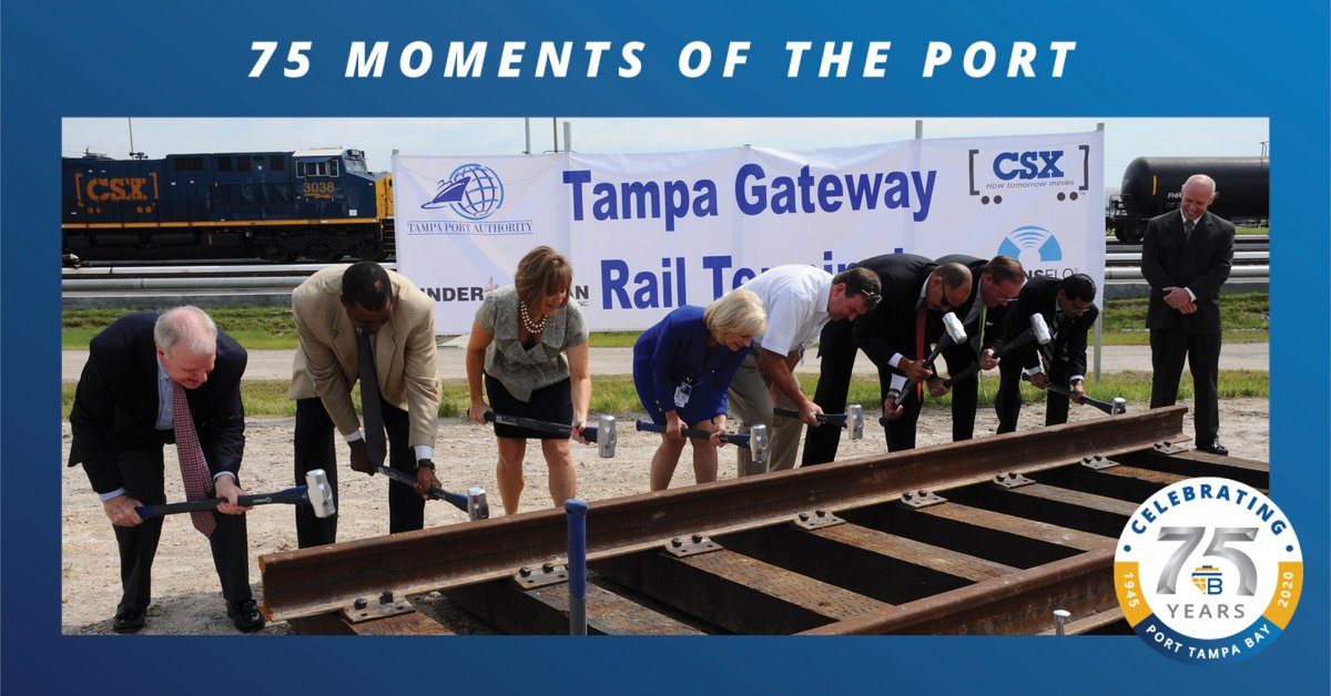 PortTampaBay's tweet photo. PTB celebrates 75 moments in our history, including this one: 2012 – Port’s Gateway Rail Terminal opens through a partnership with Port Tampa Bay, CSX, Transflo, &amp; Kinder Morgan. This created the nation’s first ethanol unit train to pipeline distribution system. #75YearsofPortTB https://t.co/DpY5vQ9pIK