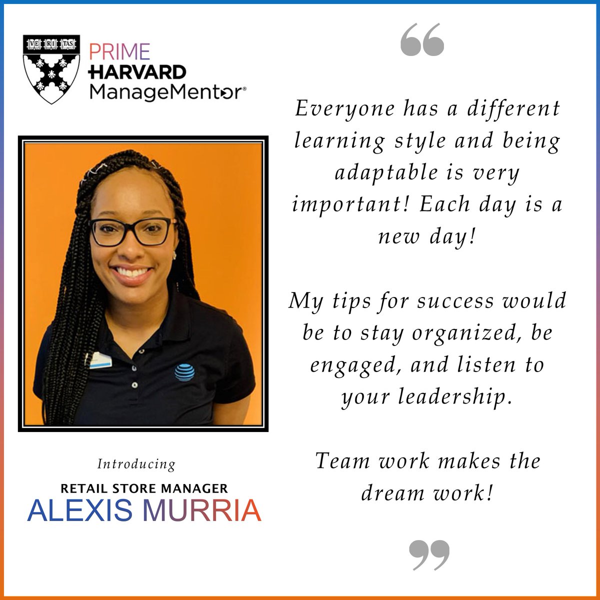 Introducing #PrimeHarvardManageMentor leader: 
Alexis Murria - Retail Store Manager SC West Columbia at <a href="/PrimeComms/">Prime</a>. #LifeAtPrime 
<a href="/AkbarPRIME1/">Akbar M</a> <a href="/geoffpadilla/">Geoff Padilla</a> @Donny_Feller6