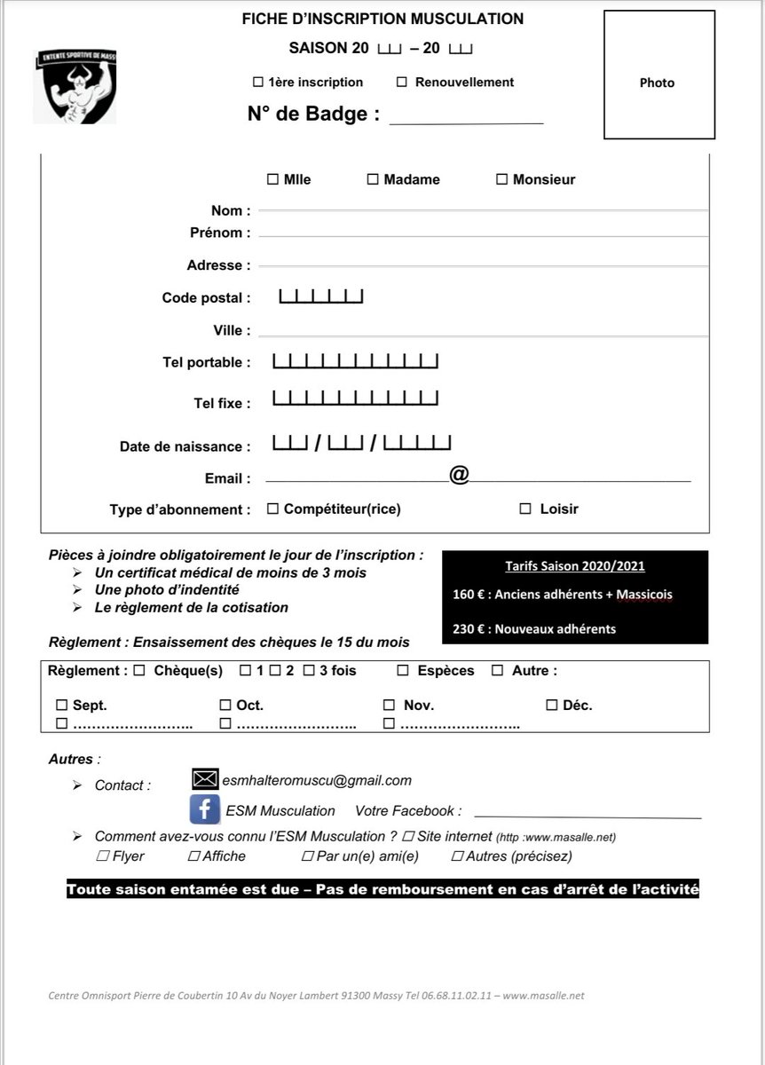 Bonjour à tous, 
En attendant la réouverture de la salle début septembre, fiche d’inscription pour la saison 2020/2021 sur ce lien ci-dessous :
masalle.net/?p=2303
<a href="/villedemassy/">Ville de Massy</a> <a href="/AffichageMassy/">AffichageLibre Massy</a> <a href="/nicolas_samsoen/">Nicolas SAMSOEN</a> <a href="/libriere/">Lionel Briere</a> <a href="/ESportiveMassy/">Entente Sportive de Massy</a>