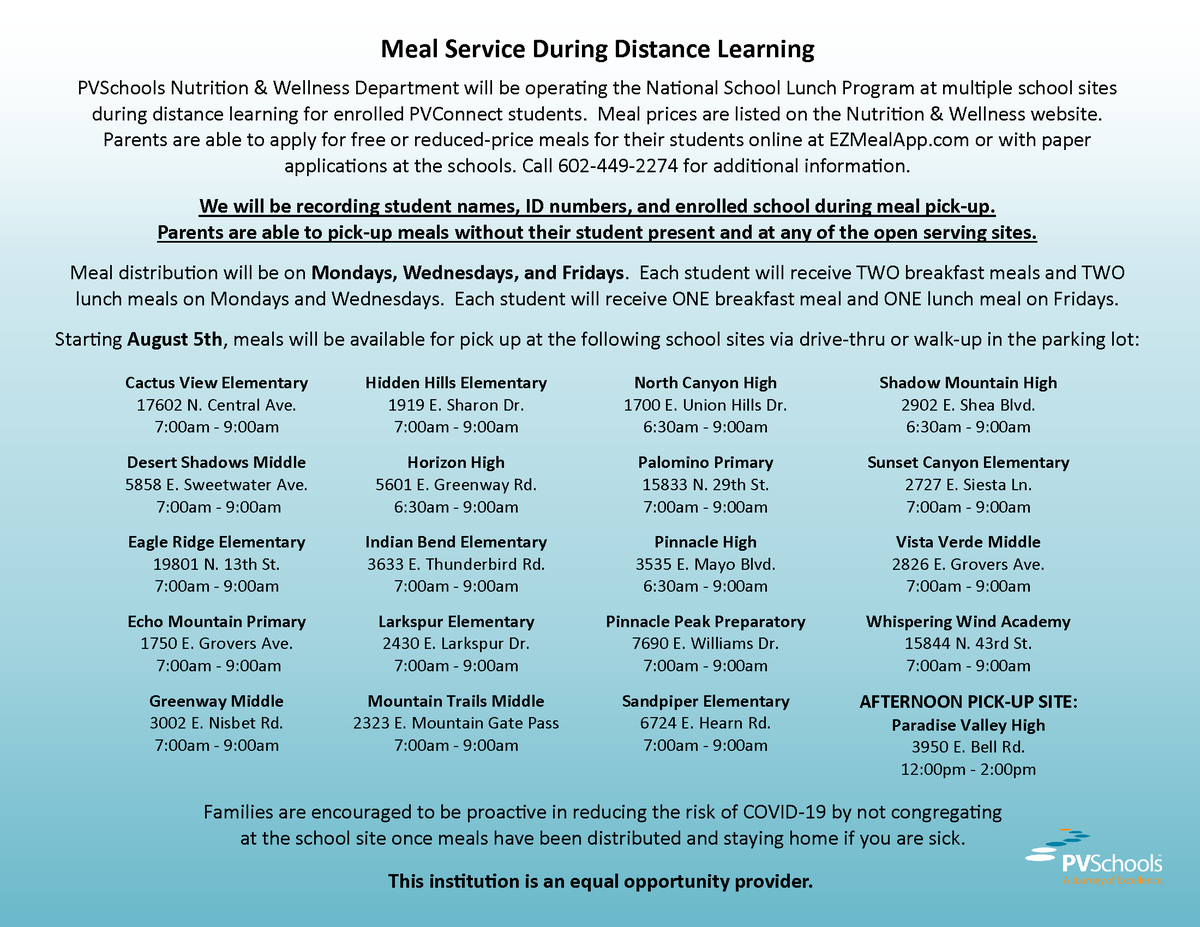 pvschools's tweet photo. Starting August 5, meals will be available for pick up at 20 school sites via drive-thru or walk-up in the parking lot on Mondays, Wednesdays, and Fridays. For more information and to apply for free or reduced-priced meals, please visit: https://t.co/VEOdCy5hQF #PVSchoolsTogether https://t.co/r6wpumDJXI