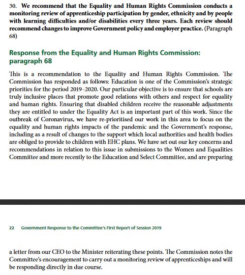 Ok, back now. Loaded up on Bostik & UHU....ESC: Someone, preferably the EHRC, needs to review & monitor apprenticeship participation for people with LDs & disabilities every 3 years, & make recommendationsEHRC: We'll look into it in more depth once the pandemic is donea/