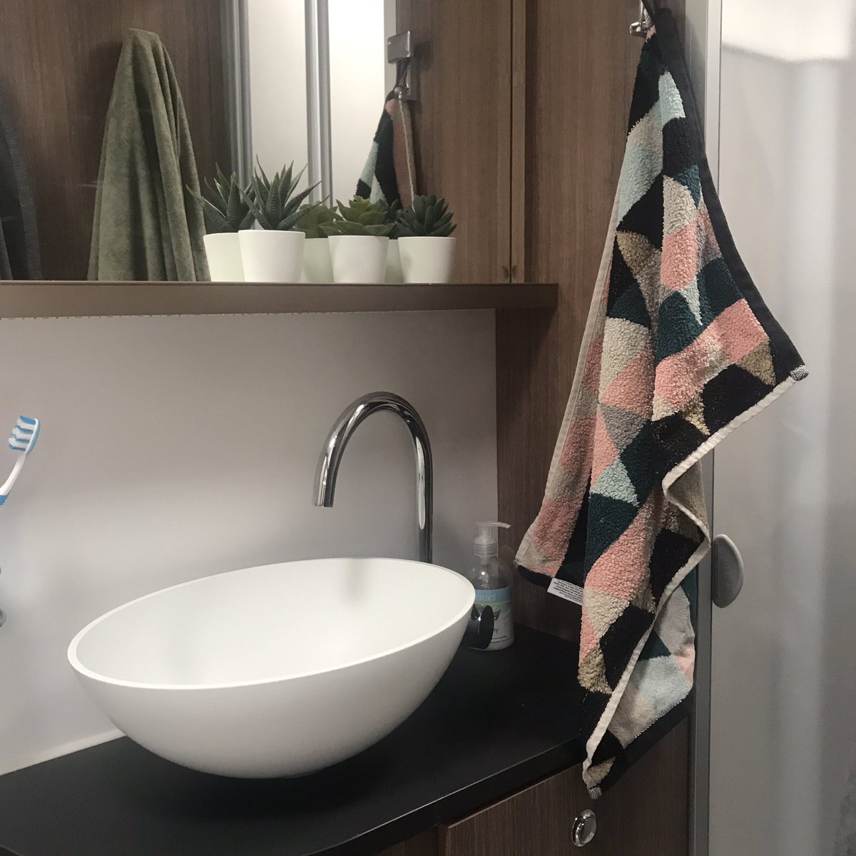 We love the small touches in our caravan. The plant pots, the cute sink &amp; the hand towel we stole from Wizz’s sister’s bathroom 🙂 #caravanlife #campsitewardens #lifeonwheels #caravaning #wardens #caravandecor #homeonwheels