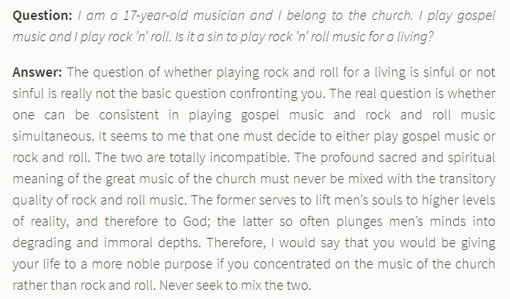 This has a history. Here is MLK criticising rock & roll for plunging "men's minds into degrading and immoral depths". He was a deeply devout Christian preacher so this doesn't surprise me. Most religious preachers were against rock & roll.