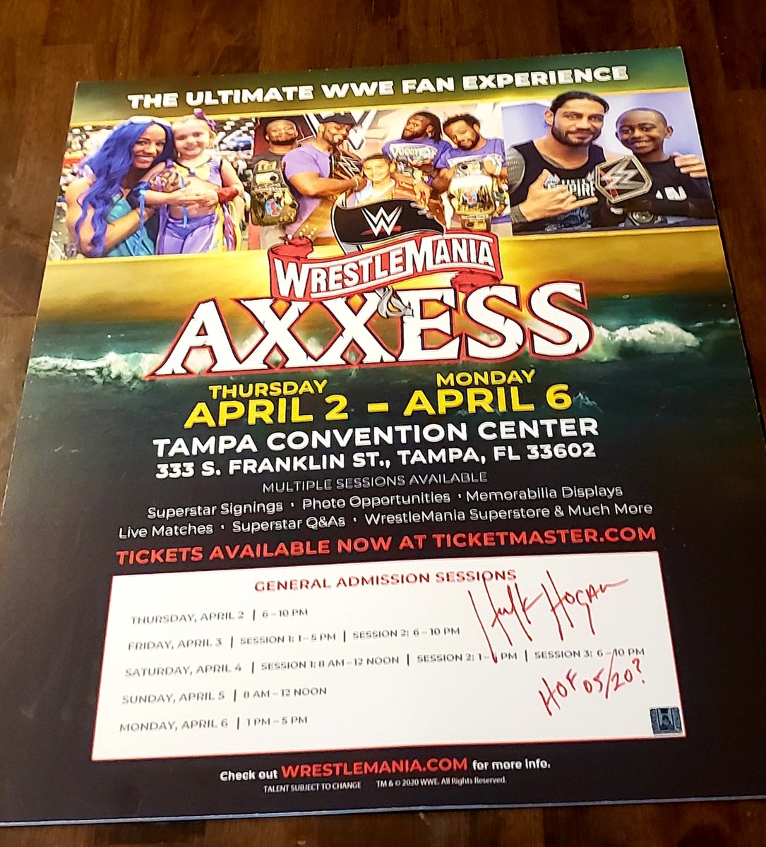 My son and I were saposta go to our 1st wrestlemania in tampa.  We had axxcess tickets to see hulk hogan.  This is the official Axxcess poster from the axxcess that never happened autographed by hulk hogan! #arrivedtoday #hulkhogan #hoganbeachshop #wwe #WWF