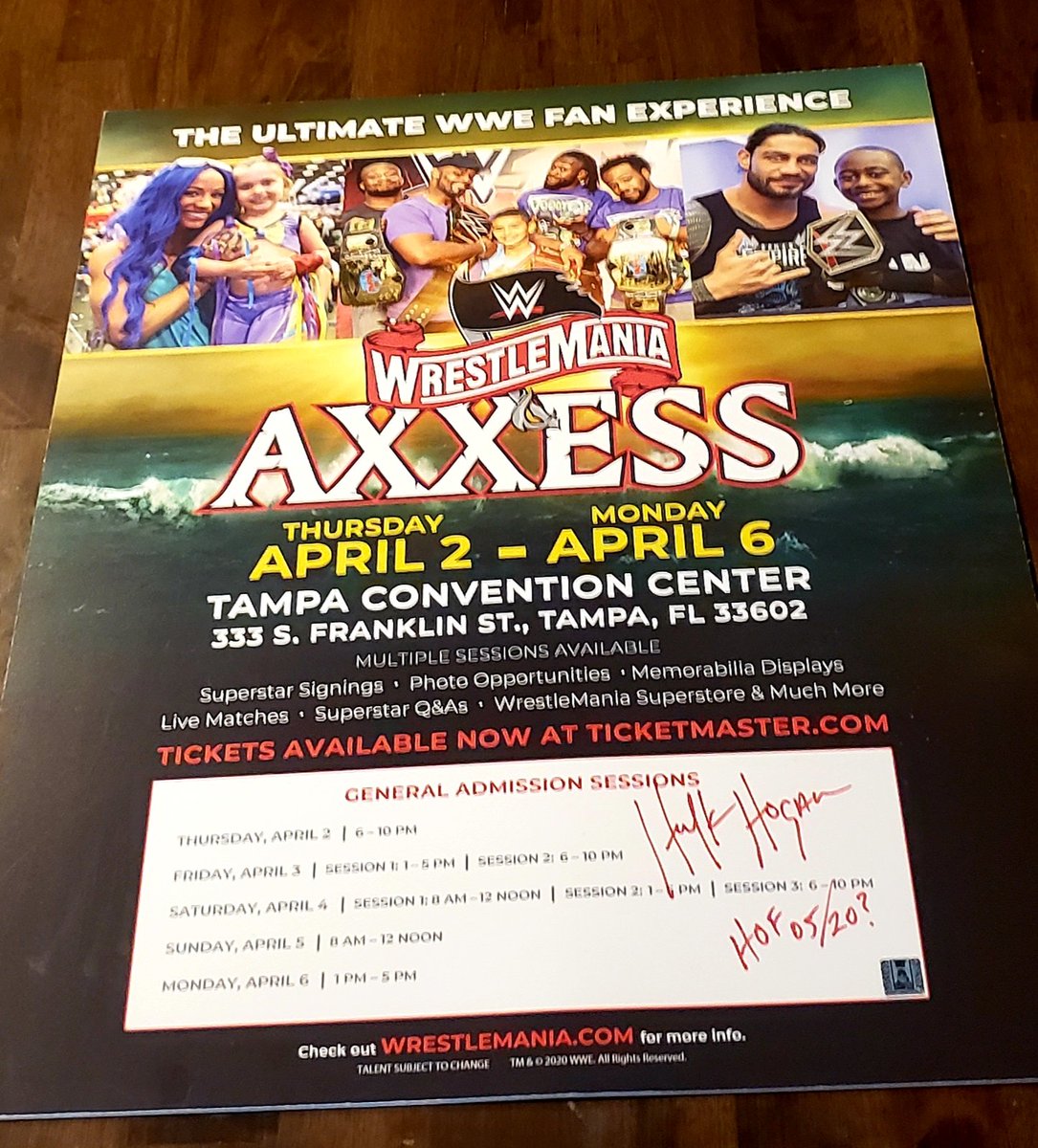 RandyKellerJr's tweet photo. My son and I were saposta go to our 1st wrestlemania in tampa.  We had axxcess tickets to see hulk hogan.  This is the official Axxcess poster from the axxcess that never happened autographed by hulk hogan! #arrivedtoday #hulkhogan #hoganbeachshop #wwe #WWF https://t.co/VEdmSJ6aZn
