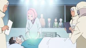 À l’hôpital Sarada demande ce qu’il se passe.Sakura réponds que Le village est attaqué il faut évacuer l’hôpital. Sarada veut y participer malgré son état. Sakura donne les instructions sur la procédure d’évacuation à tous les ninjas médecin present. Mitsuki, sarada participent.