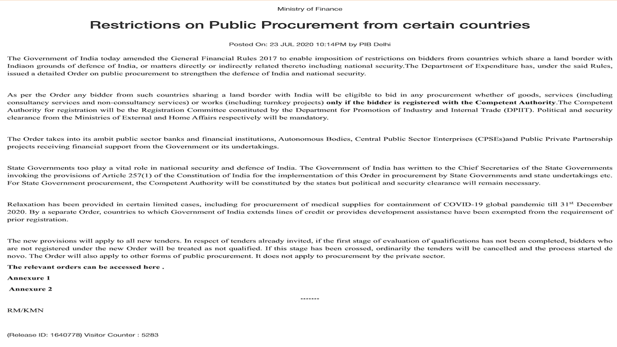 barandbench's tweet photo. Restrictions on Public Procurement from Certain Countries

Government today amended the General Financial Rules 2017 to enable imposition of restrictions on bidders from countries which share a land border with India on grounds of defence of India #BanChineseProducts @FinMinIndia https://t.co/uzEkvrwVwU