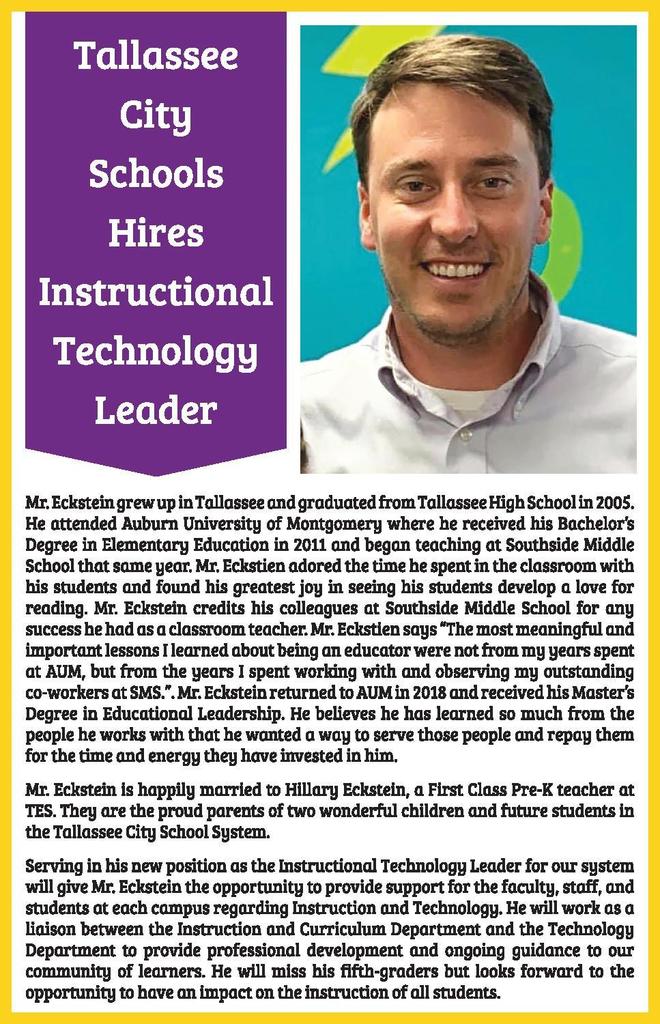 TallaCtySchools's tweet photo. Tallassee City Board of Education hires Cory Eckstein as Technology Instructional Leader https://t.co/f8icQiX8ps