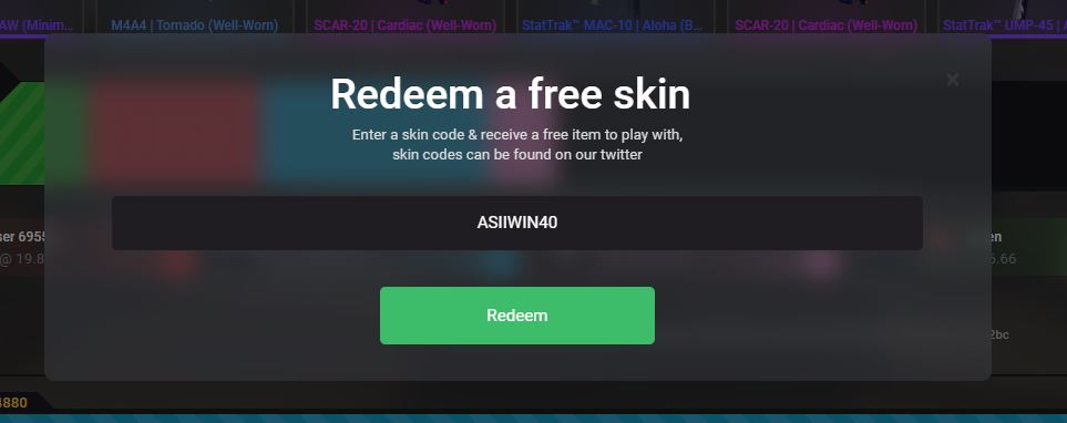 Here is the code! 🥳

If you wagered 10$ or more in the last 24 hours, use code 'ASIIWIN40' to receive a free 5$ skin. (for level 2+)🎁

40 people can use the code, be fast on EZRage.com! 📲
