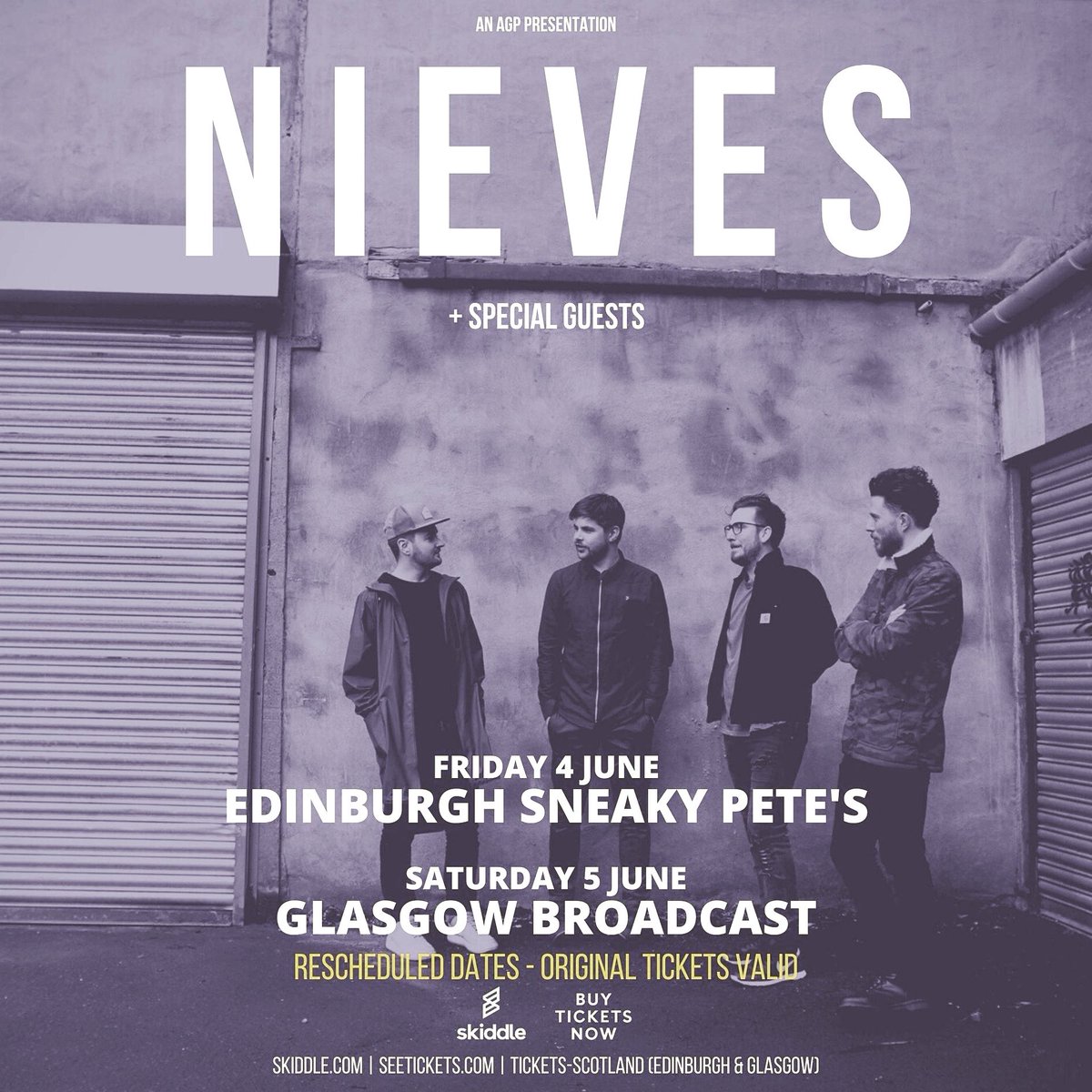 Due to ongoing COVID-19 restrictions our shows with @NievesGlasgow due to take place in Nov will now be in June 2021. Orig tix remain valid. Fri 4 June | EDINBURGH @sneakypetesclub >>> skiddle.com/e/13808404 Sat 5 June | GLASGOW | @BroadcastGLA >>> skiddle.com/e/13808402