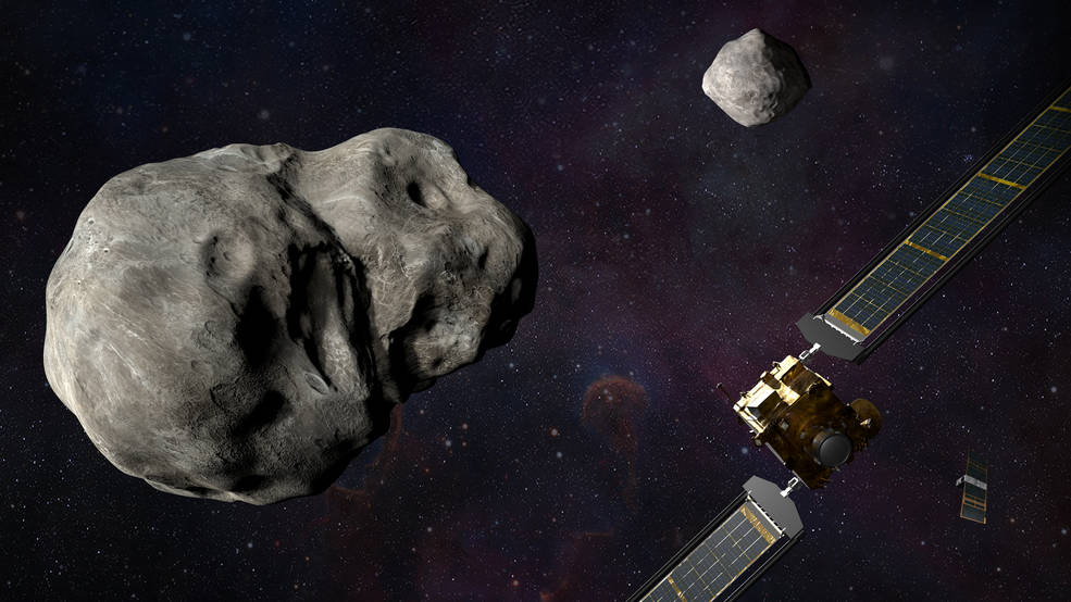 NASASpaceAlerts's tweet photo. .@NASA’s Double Asteroid Redirection Test (DART) will travel to the Didymos asteroid system &amp; impact the asteroid moon Dimorphos in fall of 2022. Scientists at @JHUAPL are refining computer models prior to the impact to simulate DART’s effect on Dimorphos: https://t.co/lYOxQ7gvf4 https://t.co/aJ6T9uFda8