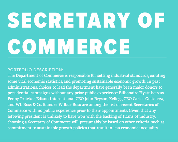 The wide functions of the Department of Commerce have long been understood. Responsible for setting industrial standards and, among other things, the conducting of the Census, the post should be taken seriously by a progressives.