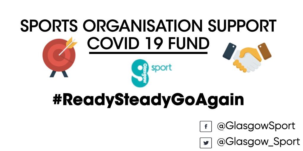 Are you a sports club/organisation planning to #ReadySteadyGoAgain? 

Our Sports Organisations Support Covid-19 Fund is available 2 provide financial support 2 help clubs ‘Go Again’ 

You can find information on the SOSCOVID fund and guidelines here: 

glasgowlife.org.uk/SOSCovid19Fund
