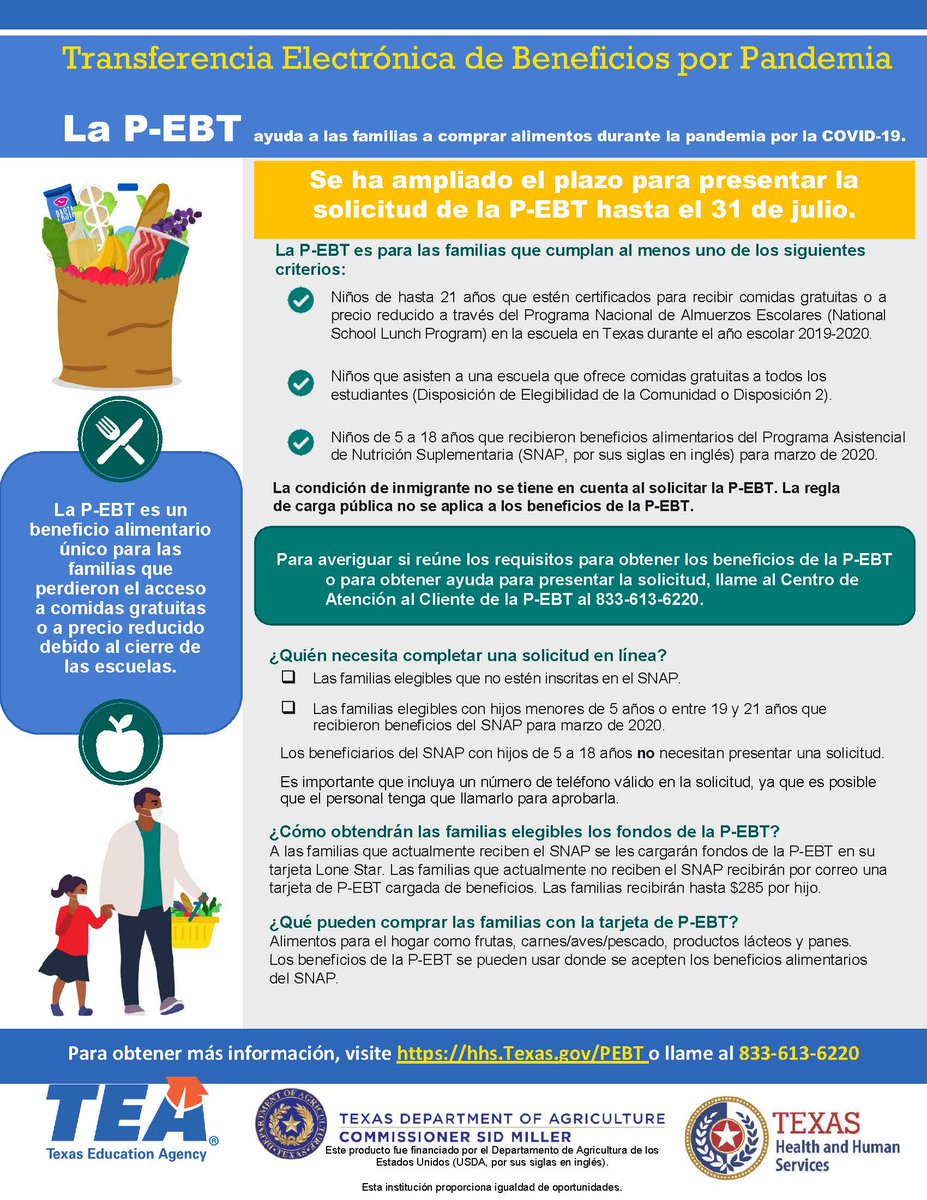 TX families: The deadline to apply for the one-time P-EBT payment is July 31, 2020. To learn more about eligibility and how to apply, visit: bit.ly/2XdQfTB.