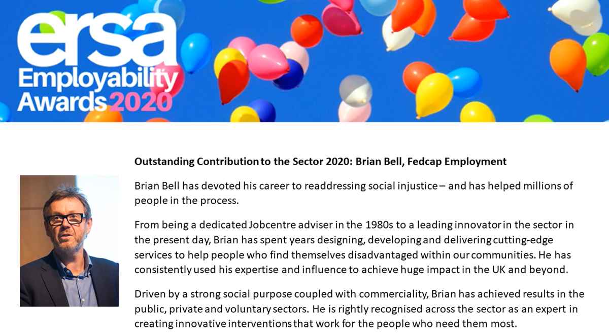 FedcapE's tweet photo. We are delighted that Brian Bell has been recognised as the Outstanding Contribution to the Sector Achiever 2020, sponsored by @ClarionFutures.

This award recognises Brian's dedication and notable impact in the employability sector. 

@StartScotland @linkstowork 

#ERSAAwards20 https://t.co/S67yk5o0Gu