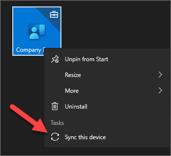 I don't know who needs to see this today, but if you're testing Windows 10 management with <a href="/MSIntune/">Microsoft Intune</a>, you can sync the device right from the Start menu if you've previously signed into the Company Portal app. Saves you a few steps instead of opening the app every time.