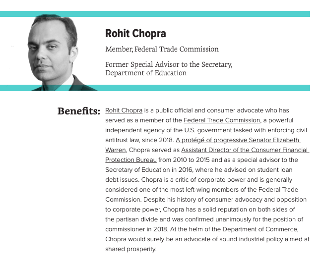 For the crucial position of Secretary of Commerce, Data for Progress recommends that Federal Trade Commissioner  @ChopraFTC,  @RepSchakowsky, former Department of Commerce Chief Economist Susan Helper, and former CFPB Director and Ohio AG  @RichCordray be considered.