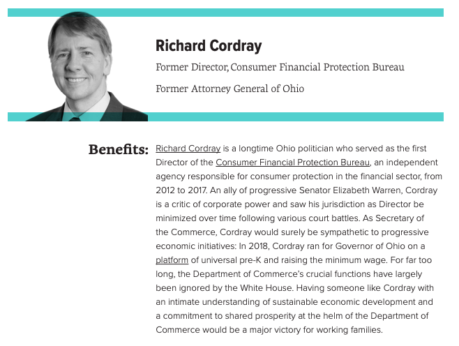 For the crucial position of Secretary of Commerce, Data for Progress recommends that Federal Trade Commissioner  @ChopraFTC,  @RepSchakowsky, former Department of Commerce Chief Economist Susan Helper, and former CFPB Director and Ohio AG  @RichCordray be considered.