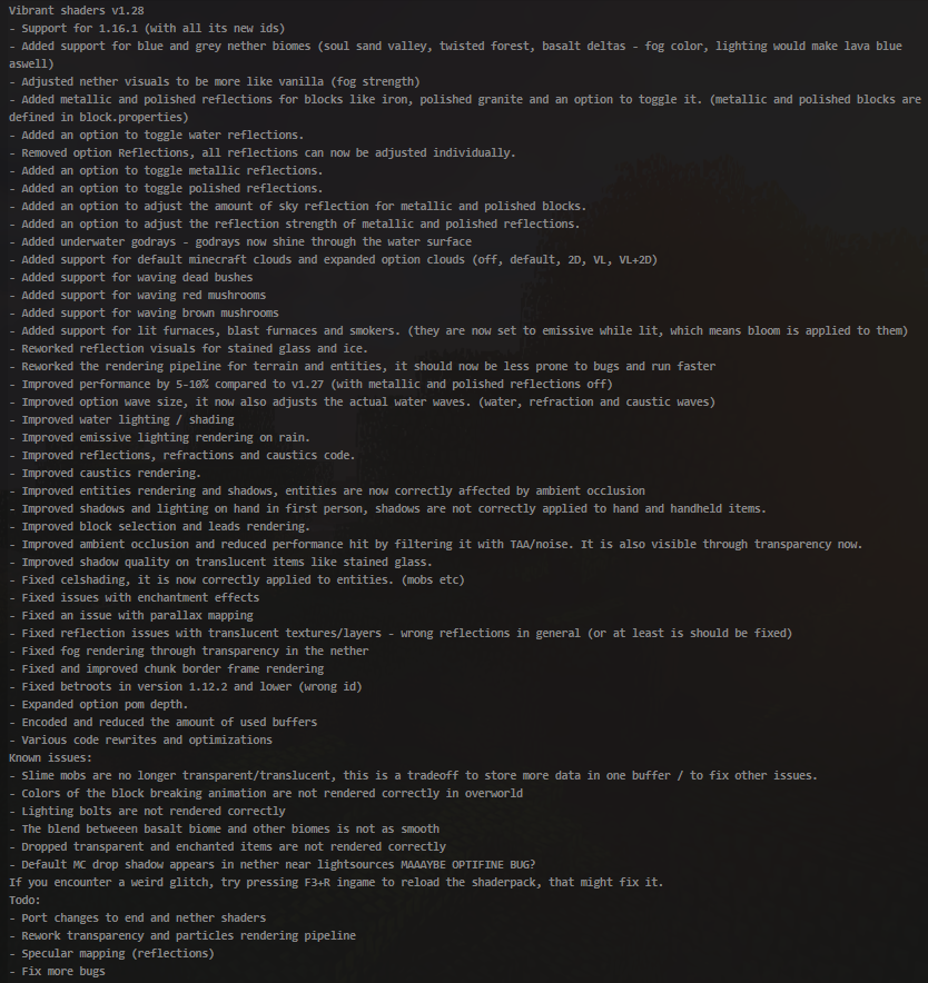About time, v1.28 is out now! Get ready for that huuuge changelog. Had to zoom out to get the full thing on a screenshot..
sildurs-shaders.github.io/downloads/
sildurs-shaders.github.io/changelogs/
PS: That rainbow unicorn in the back there belongs to <a href="/Shady_Hen/">Hen</a>