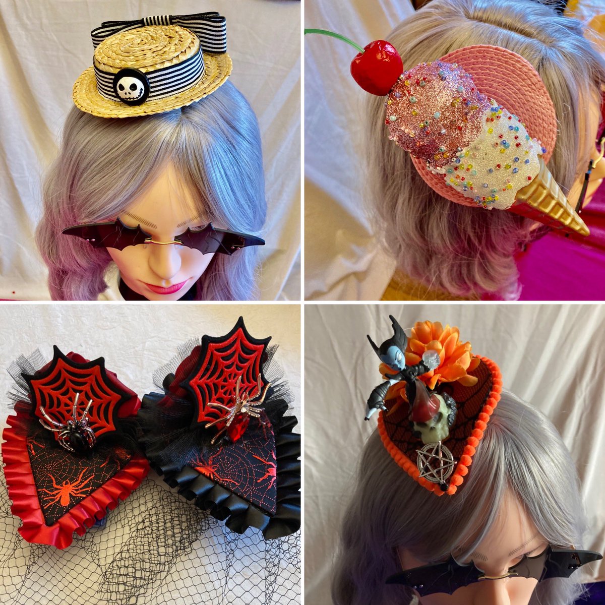 BeheadedHats's tweet photo. Hello #womeninbizhour I’m Caroline and I’ve just started making headwear mostly for goths and steampunks. Here are my creations so far this week #GothHats #Gothic #Steampunk #MadHatter #JackSkellington #IceCream #Spiders #Hex https://t.co/8WRjlTa7o7