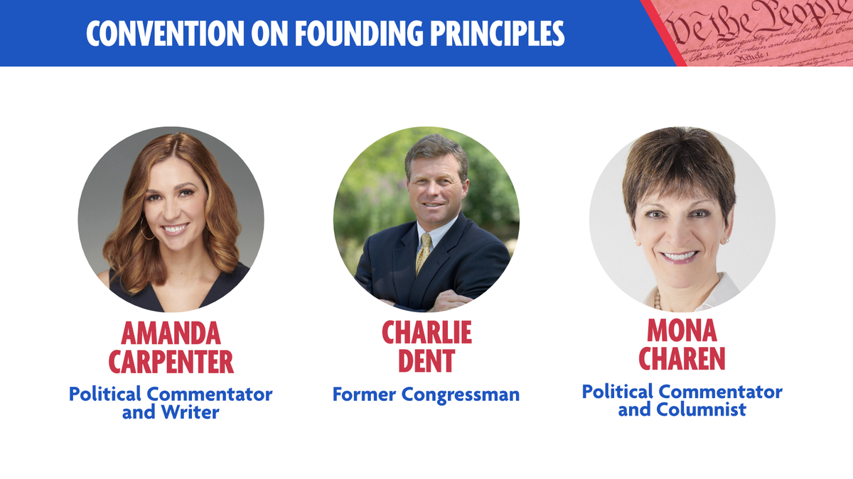 PrinciplesCon's tweet photo. Commentator and Author @amandacarpenter, Fmr Congressman @RepCharlieDent, and Political Commentator and Columnist @monacharenEPPC will be speaking at the Convention on Founding Principles. #CFP2020 https://t.co/0kyrjUXAP9