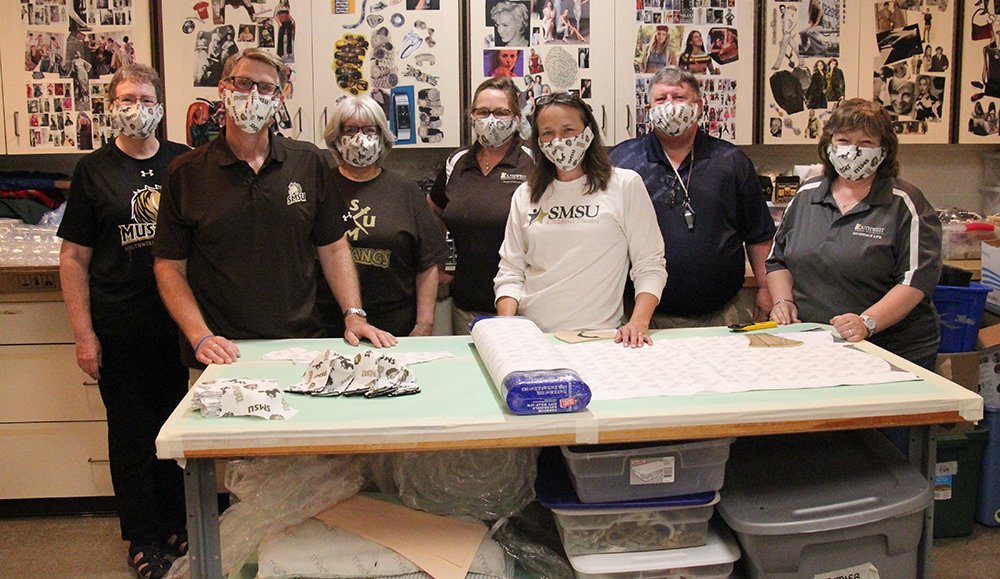SMSUToday's tweet photo. A story on our Mustang Masks project will be broadcast during the 6 p.m. newscast on @wcco tonight, 7/23. New students will be given one of the masks in the fall. #MustangMasks @MinnStateEdu https://t.co/6PO2mKA412