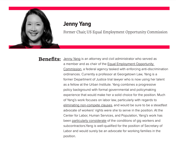 For the position of Secretary of Labor, Data for Progress recommends that former EEOC chair  @JennyRYang, former CA Labor Commissioner  @JulieSuCA, former Assistant Secretary of Labor  @WSpriggs, former NRLB member  @SharBlock, and former DoL Chief Economist  @hshierholz be considered