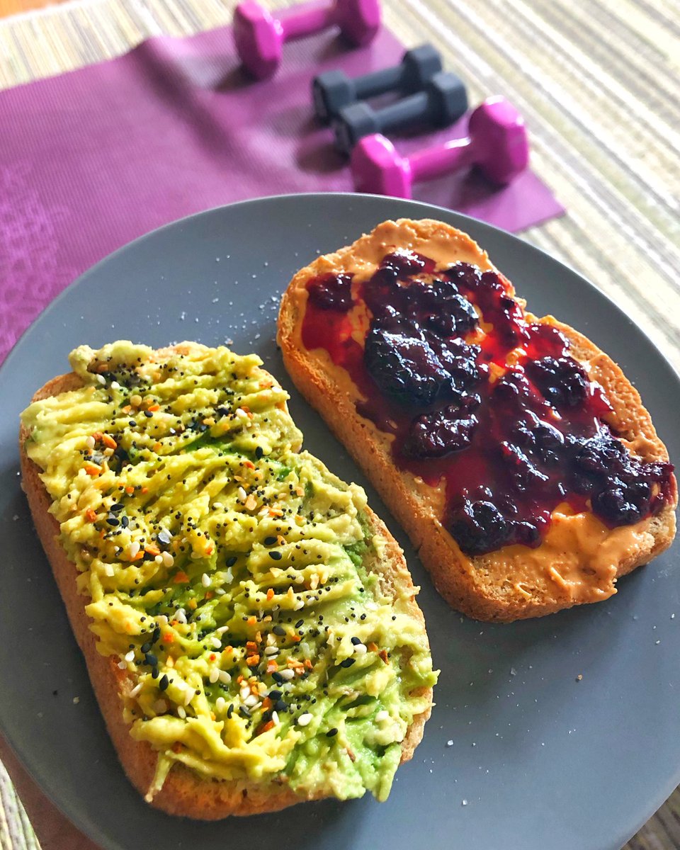 NommingNomad's tweet photo. Toast so nice you gotta eat it twice!⁣
Yes I baked some bread again and this time I got experimental with different flours and made a simple loaf with yeast. So ofcourse breakfast was toast two ways, Avocado toast and Toast with PB n’J
And a not so subtle flex that I worked out! https://t.co/j5rPqyjKTS