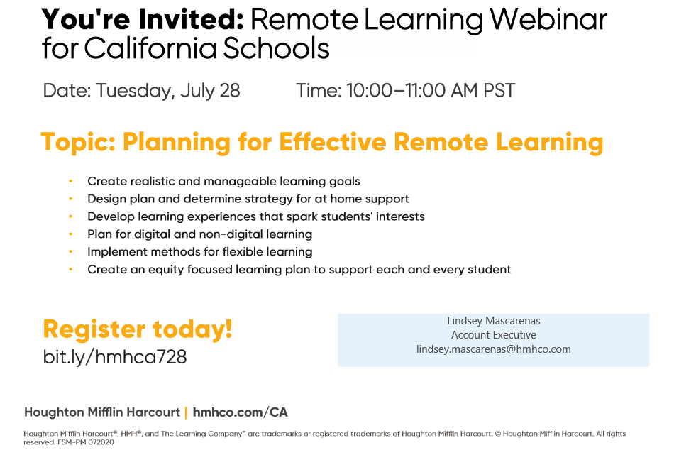 Please join us for a FREE webinar on effective remote learning! #remotelearning #equitableexperiences #supportforallstudents #hmh #distancelearning #heretohelp #inlandempire #californiaschools