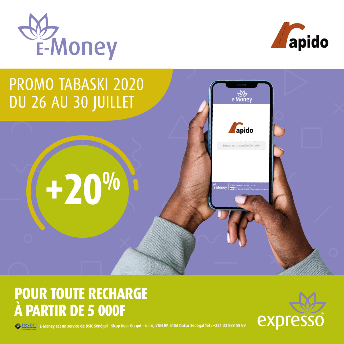 expressosenegal's tweet photo. Promo Rapido Tabaski
Recharge ta carte à partir de 5000F via E-money et profite de +20 % !
Ndewenal gui ni !
#Expresso
#Promorapido https://t.co/DJbczEZp3Z